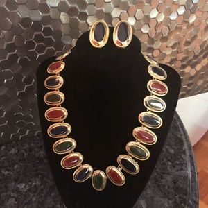 Necklace and Earrings Gold Tone Faux Stones